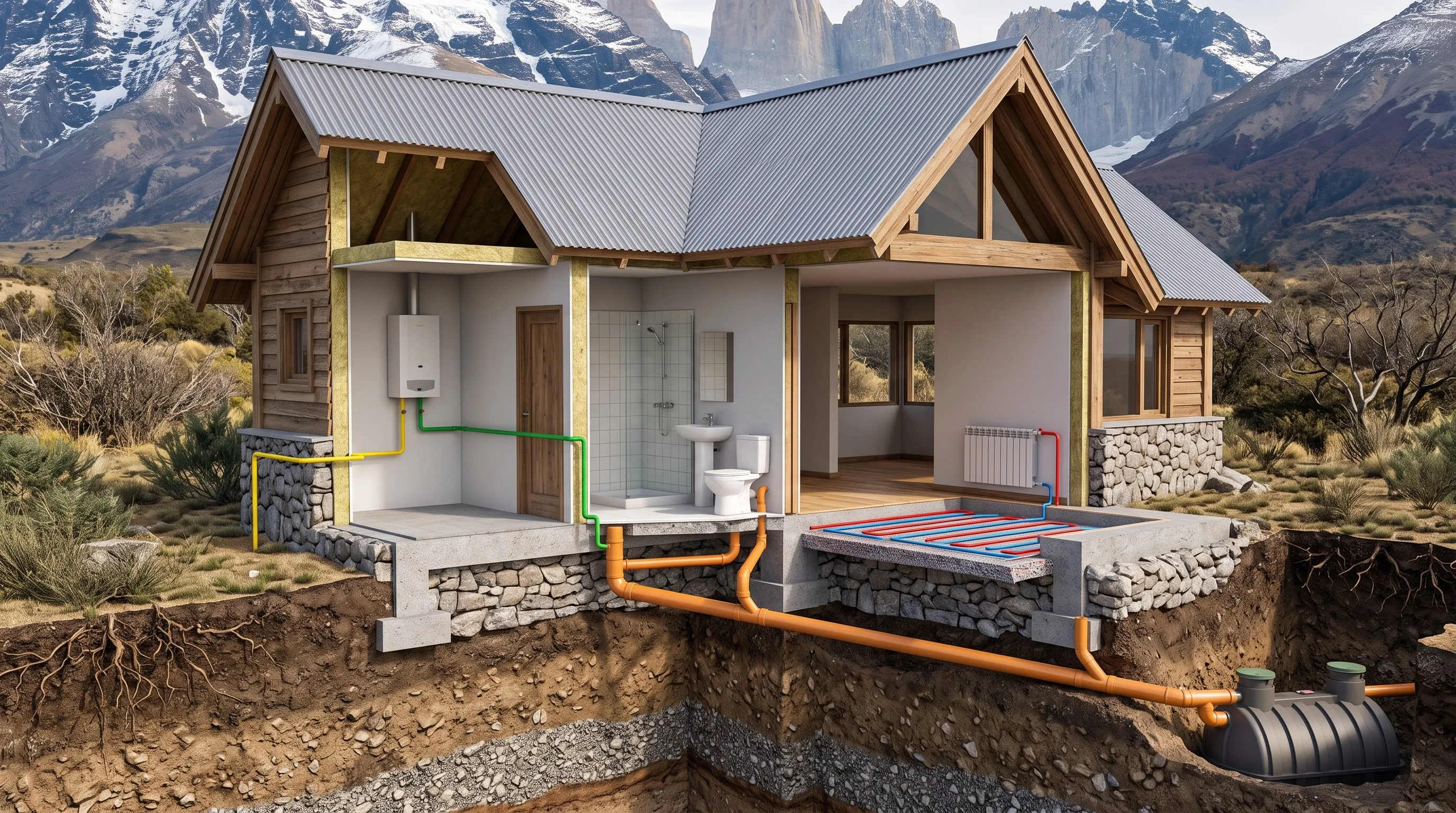 Corte de una casa de montaña con las instalaciones de gas, agua, calefacción y cloaca a la vista